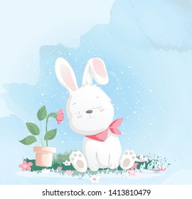 Cute baby rabbit watercolor style, for printing,card. vector illustration