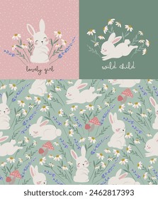 Cute baby rabbit with wildflowers, vector design for baby girls and boys, baby rabbit in wildlife, seamless pattern design, graphic and pattern design set for kids  and babies, lovely daisies