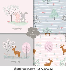 Cute baby rabbits with deer cartoon seamless pattern and card, for decorative, fabric, wrapping paper, textile, wallpaper or background, vector illustration