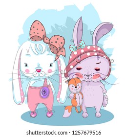 Cute baby rabbits friends cartoon hand drawn vector illustration. Can be used for baby t-shirt print, fashion print design, children wear, baby shower celebration, greeting and invitation card.