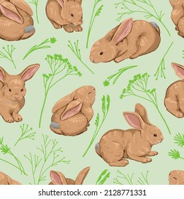 Cute baby rabbits seamless pattern. Ornament of bunnies pretty animals. Contemporary vector illustration. Modern style design for wallpaper, decor, wrap, background, textile.