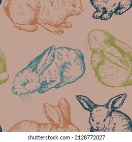 Cute baby rabbits seamless pattern. Ornament of bunnies pretty animals. Vector illustration in retro engraving style. Abstract design for wallpaper, decor, wrap, background, textile.
