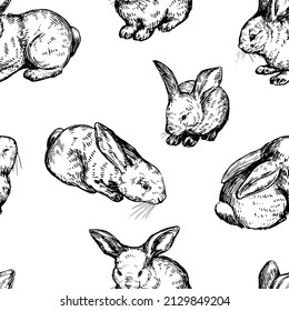 Cute baby rabbits seamless pattern. Ornament of bunnies pretty animals. Vector illustration in retro engraving style. Abstract design for wallpaper, decor, wrap, background, textile.