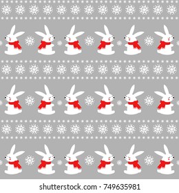 Cute baby rabbits with snowflakes seamless pattern on grey background. Winter holidays background. Vector  winter design for textile, wrapping paper, fabric, card.