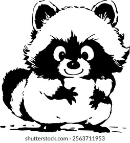 Cute Baby Raccoon Animal Childlike Nursery Black and White Vector Illustration