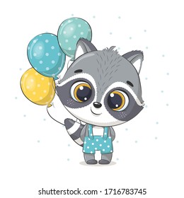 Cute baby raccoon with balloons. Vector illustration for baby shower, greeting card, party invitation, fashion clothes t-shirt print.