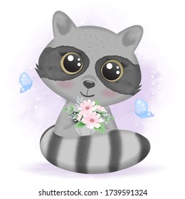 Cute baby raccoon with butterflies and floral, hand drawn cartoon animal illustration