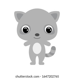 Cute baby raccoon. Cartoon character for decoration and design of the album, scrapbook, baby card and invitation. Forest animal. Flat vector stock illustration on white background