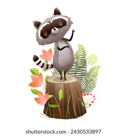 Lindo personaje de mapache bebé de pie en el tocón del árbol en la naturaleza. Caricatura de animales para niños cuento de hadas o historia sobre el pequeño mapache. Vector aislado clipart para niños en estilo de acuarela.