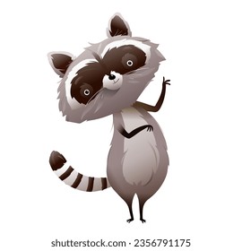 Cute baby raccoon for children showing with hands, character design. Adorable masked bandit raccoon mascot illustration for kids. Vector animal cartoon in watercolor style.