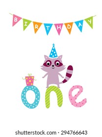cute baby raccoon first birthday greeting card