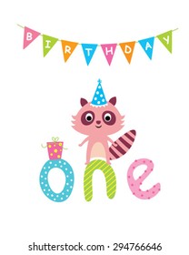 cute baby raccoon first birthday greeting card