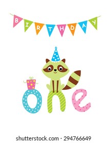 cute baby raccoon first birthday greeting card