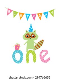 cute baby raccoon first birthday greeting card