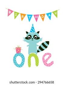 cute baby raccoon first birthday greeting card