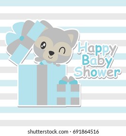 Cute baby raccoon in gift box vector cartoon illustration for baby shower card design, postcard, and wallpaper