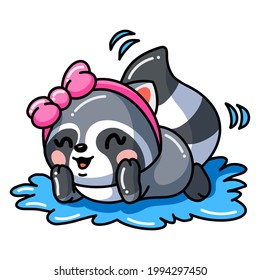 Cute baby raccoon girl cartoon on water
