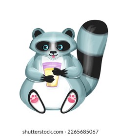 Cute baby raccoon. Gray animal sits with drink in its paws, forest dweller with cocktail, juice or soda. Symbol of summer season and tropical and exotic countries. Cartoon flat vector illustration
