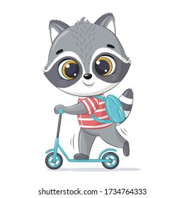 Cute baby raccoon on the bicycle. Vector illustration for baby shower, greeting card, party invitation, fashion clothes t-shirt print.