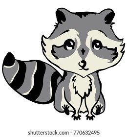 Cute baby raccoon sitting modest with friendly look. Pretty little animal with furry striped tail and black paws. Vector chacacter in cartoon style.