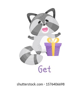 Cute Baby Raccoon Surprising With Gift With Handwritten Inscription Get Vector Illustration Cartoon Character