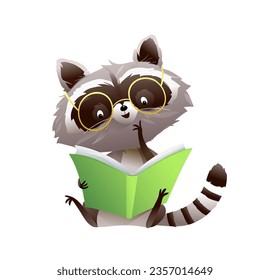 Cute baby raccoon wearing glasses reading a book, character design for children. Education, school and library colorful illustration for kids. Vector animal character cartoon in watercolor style.