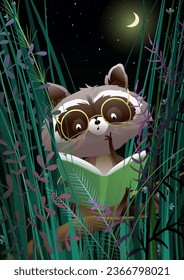 Cute baby raccoon wearing glasses reading a book at night in forest. Animal character design for children. Raccoon reading a story book before sleep in moonlight. Vector cartoon in watercolor style.