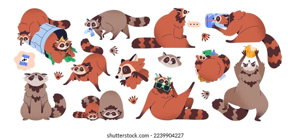 Un juego de mapaches para bebés. Personajes divertidos de mapache en graciosas poses con basureros, basura, comida. Feliz animal salvaje con cola esponjosa y peluda. Ilustraciones de vectores planos chilenos aisladas en fondo blanco