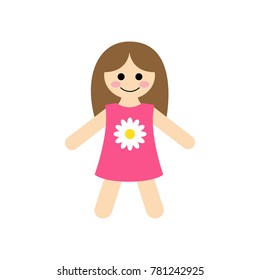 Cute baby rag doll vector illustration graphic. Girl's toy, happy doll in pink dress with daisy.