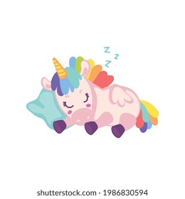 Cute baby rainbow unicorn sleeping - cartoon magic animal lying asleep on a pillow isolated on white background. Fantasy creature taking a nap, vector illustration.