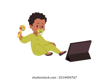 Bebê bonito com chocalho e chupeta sentado e olhando para o smartphone ou tablet dispositivo. Garotinho usando aparelho. Educação infantil online, comunicação, entretenimento. Ilustração de vetor de desenhos animados