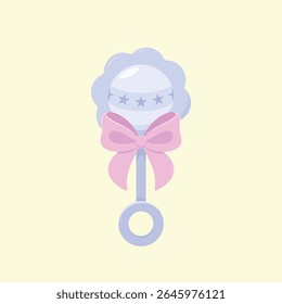 Bonito bebê chocalho com arco rosa. Festa de gênero. Chá de bebê. Ilustração de vetor de desenhos animados.