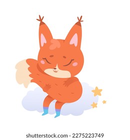Cute baby red fox dreaming, flying on cloud vector illustration. Cartoon fluffy wild animal hugging tail with paws to sleep with sweet dreams on cloud, little adorable character with funny face