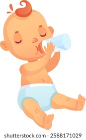 Cute baby with red hair and closed eyes, sitting in a diaper and happily drinking milk from a bottle, enjoying a moment of nourishment against a clean white background