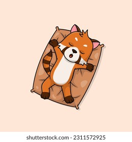 Cute baby red panda cartoon sleeping on pillow flat vector icon illustration. Flat vector illustration, flat icon sticker isolated.