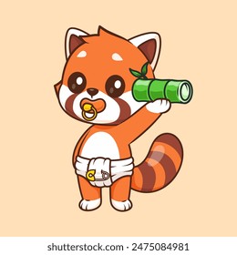 Cute Baby Red Panda Holding Bamboo Cartoon Vector Icon Illustration. Animal Food Icon Concept Isolated Premium Vector. Flat Cartoon Style