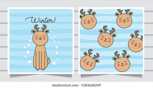 Cute Baby Reindeer In The Card. Pattern Background. Vector Illustration