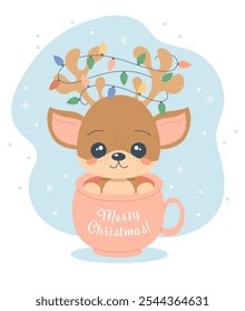 Cute Baby Reindeer in Cup of Coffee. Christmas cartoon character hand drawing. Baby deer sitting in pink mug. Colorful garland in deer antlers. Vector illustration.