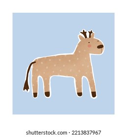 Cute Baby Reindeer on a Blue Background.Simple Nursery Vector Illustration with Sweet Dreamy Deer. Hand Drawn Woodland Print ideal for Card, Poster, Wall Art.Winter Holidays Decoration.Cartoon Moose.