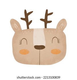 Cute Baby Reindeer on a White Background.Simple Nursery Vector Illustration with Sweet Dreamy Deer. Hand Drawn Woodland Print ideal for Card, Poster, Wall Art.Winter Holidays Decoration.Cartoon Moose.