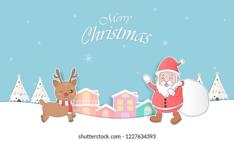 Cute baby reindeer and santa claus pastel christmas background and greeting card. cartoon and paper art design. vector, ilustration