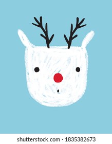Cute Baby Reindeer Vector Illustration  Infantile Style Hand Drawn White Reindeer and Red Nose   Black Antlers Isolated Pastel Blue Background  Lovely Infantile Style Christmas Card 