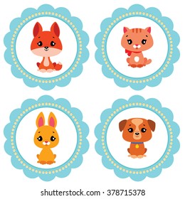 Cute baby retro-styled labels with cute animals: bunny, puppy, kitten and foxy. Vector illustration.