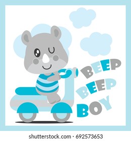 Cute baby rhino drives motorcycle vector cartoon illustration for baby shower card design, kid t shirt design, and wallpaper