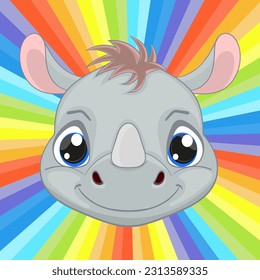 Cute baby rhino face on colorful background. Cartoon style character. Happy baby rhino nursery art, Perfect illustration for t-shirt wear, print design, greeting card, baby shower, party invitation