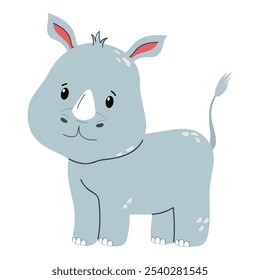 Cute baby rhino isolated on white background illustration. Safari children’s animal for baby poster, birthday invitation cards, children's book covers, greeting card and baby design, clothes