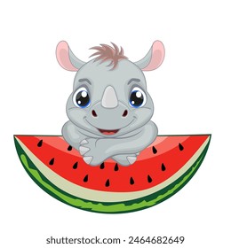 Cute baby rhino with large slice of ripe watermelon. Suitable baby rhino illlustration for children's books, educational materials