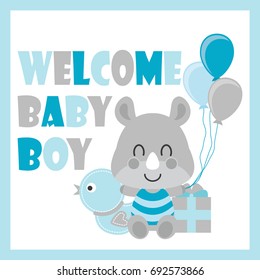 Cute baby rhino sits between duck toy and gift box vector cartoon illustration for baby shower card design, postcard, and wallpaper