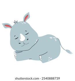 Cute baby rhino sleeping cartoon vector Illustration. Safari childrens animal for baby poster, birthday invitation cards, children's book covers, greeting card and baby design, clothes