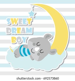 Cute baby rhino sleeps on cloud and moon vector cartoon illustration for baby shower card design, postcard, and wallpaper